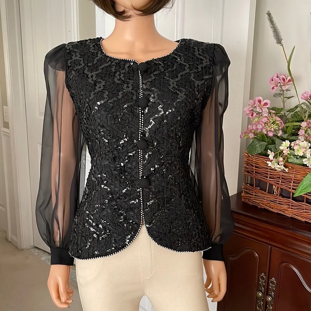 NWOT Vintage Black Sequin and Chiffon Statement Blouse J. Benjamin